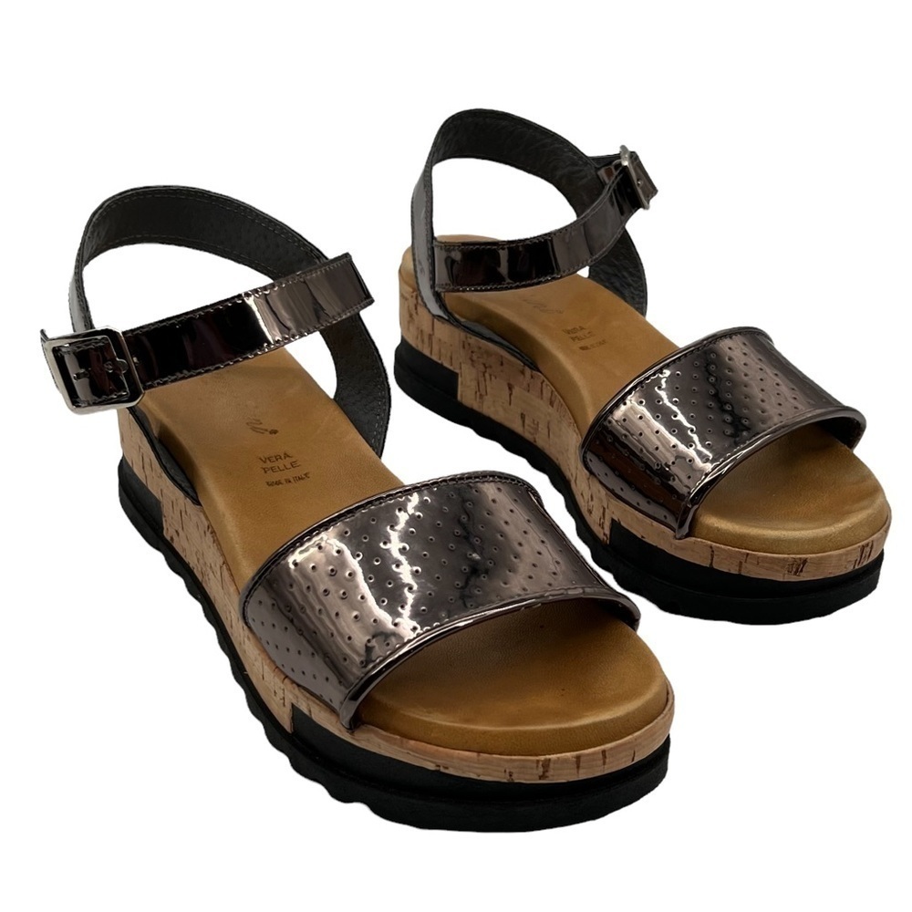 Piampiani Gun Metal And Black Leather Cork Platform Sandals Size 38 Women’s